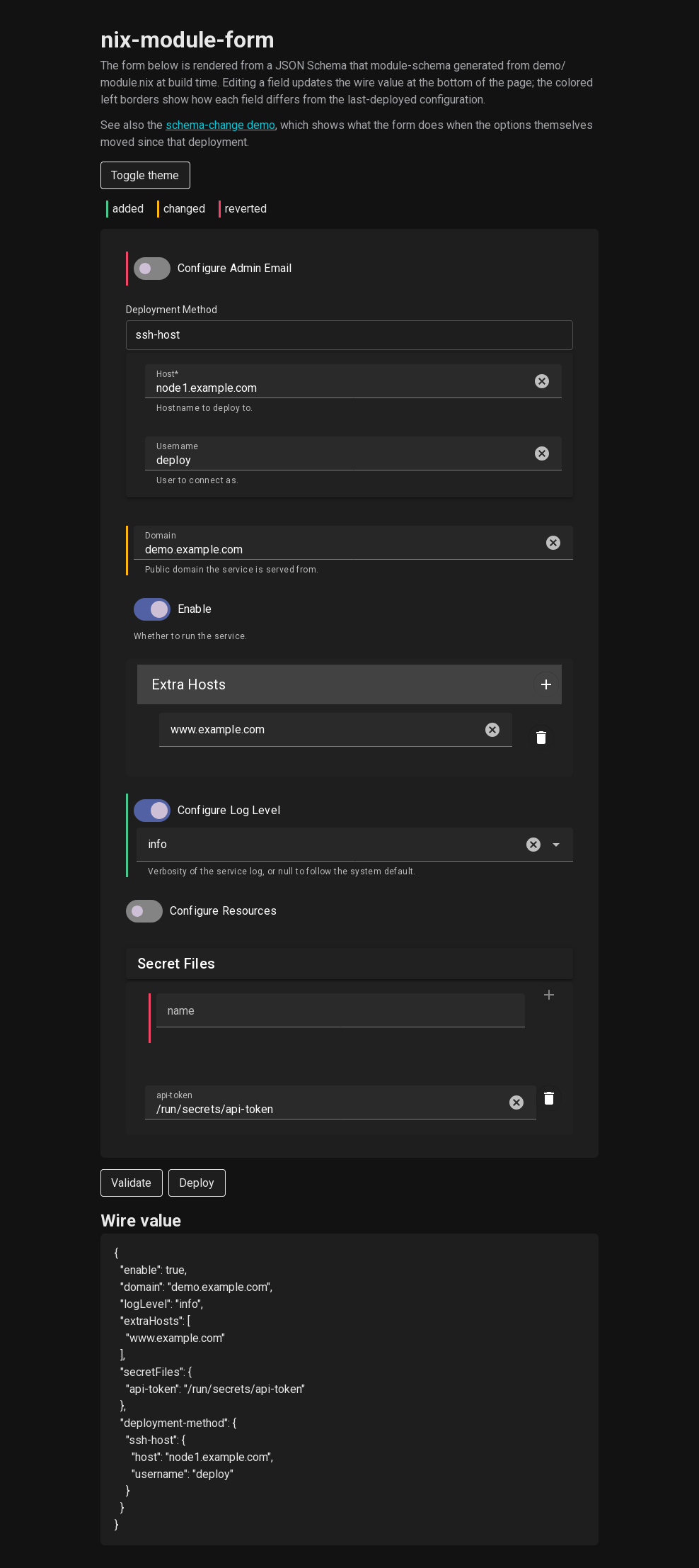 The demo form in the dark theme
