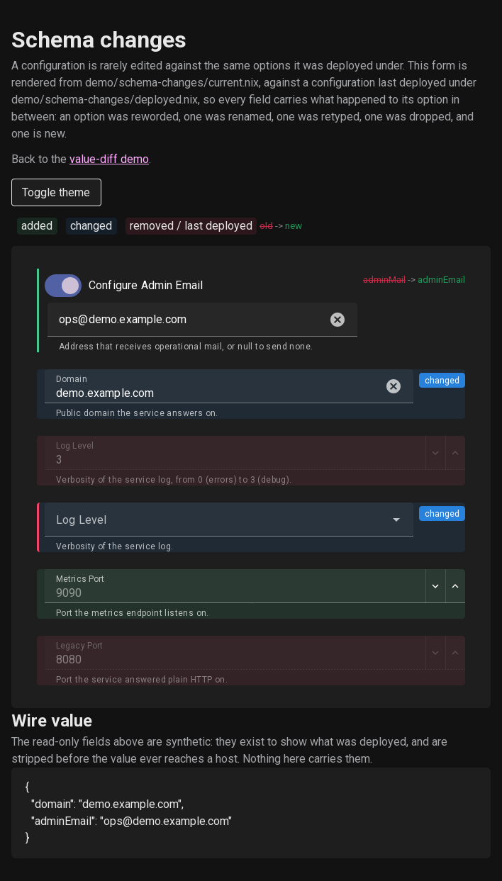 The schema-change demo in the dark theme