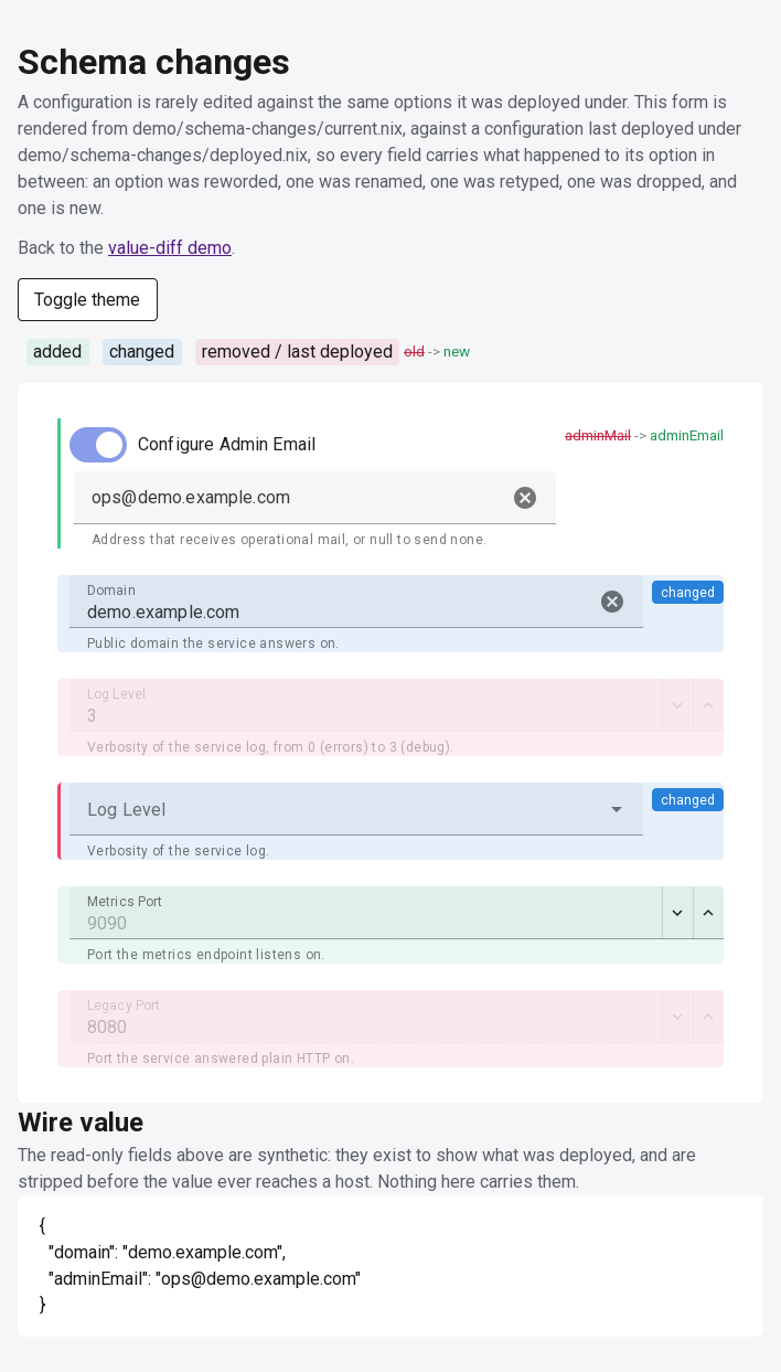 The schema-change demo in the light theme